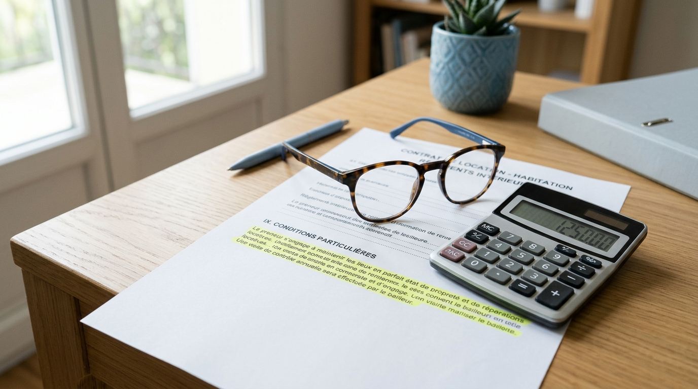 Clause d'un contrat de location surlignée, lunettes et calculatrice
