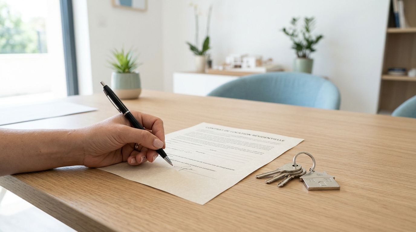 Signature d'un contrat de location d'habitation en agence immobilière